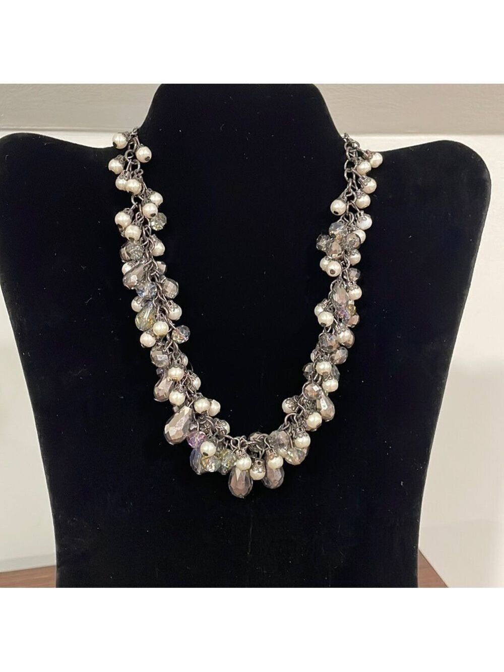 Faux pearl and iridescent beaded cluster necklace